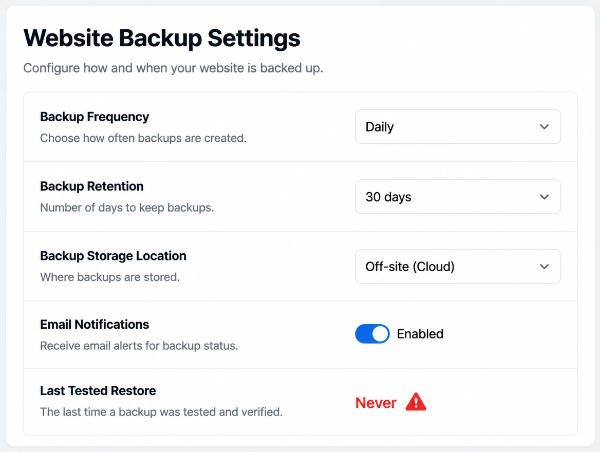 A backup list where the last tested restore field reads never in red