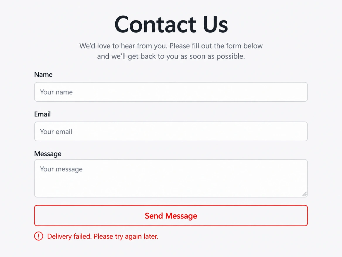 A contact form with a red delivery failed notice under the send button