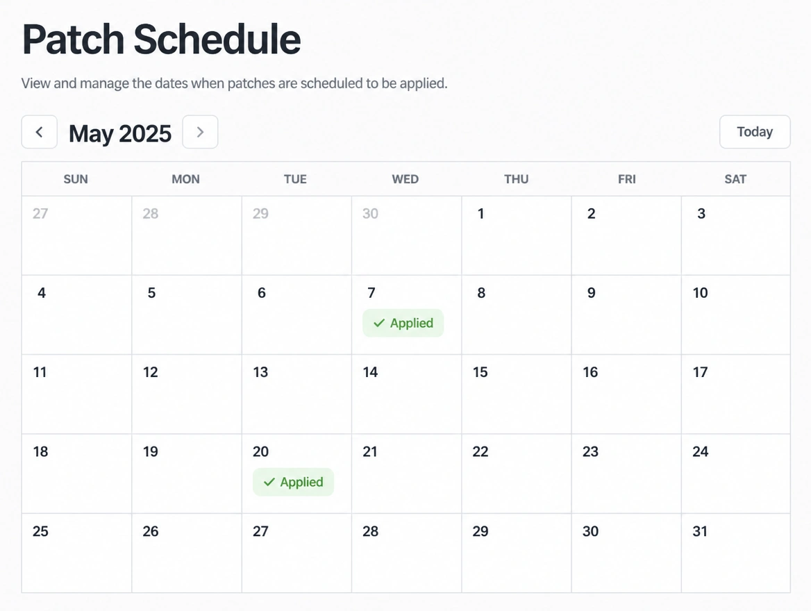 A patch schedule calendar with the applied update dates marked