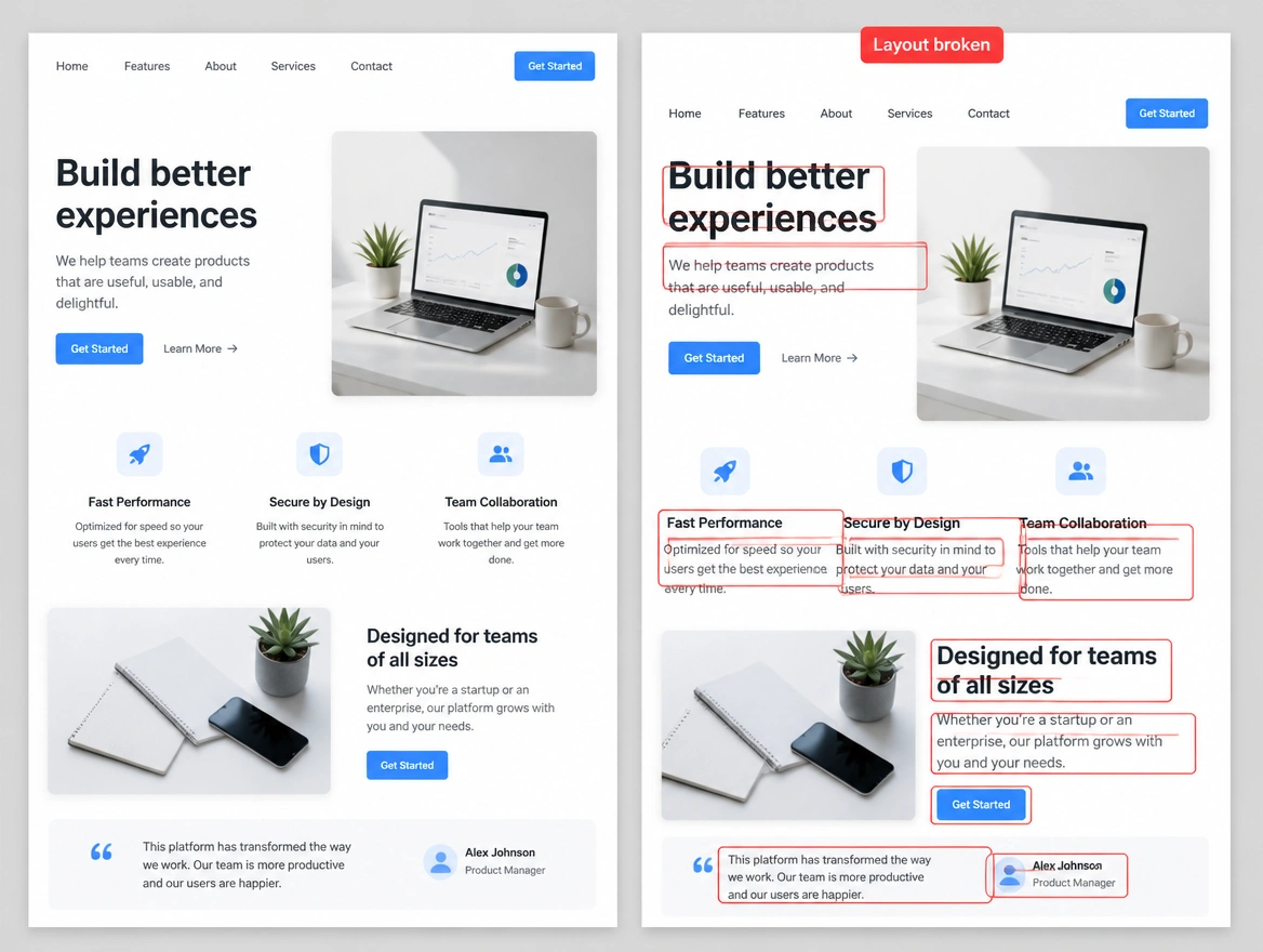 Two versions of one page side by side, the newer one marked layout broken in red