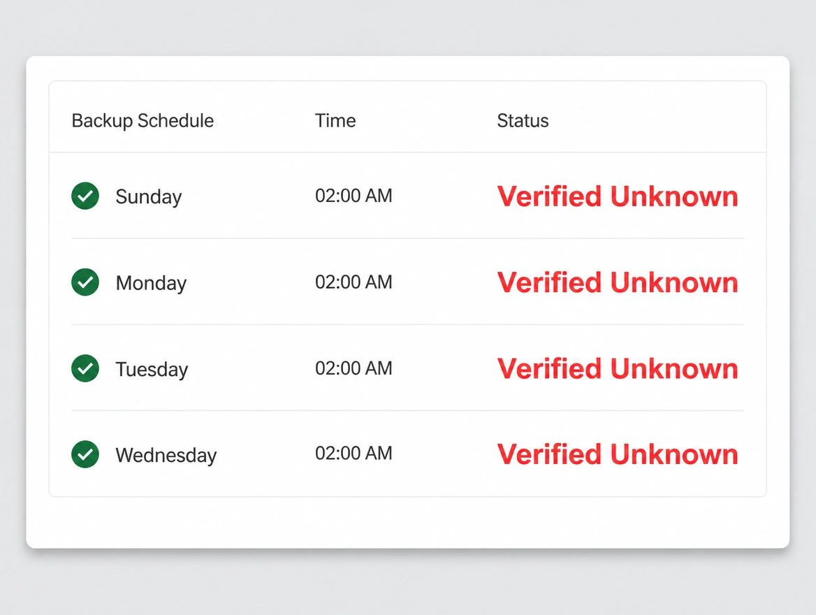 A nightly backup schedule where every row reads verified unknown in red