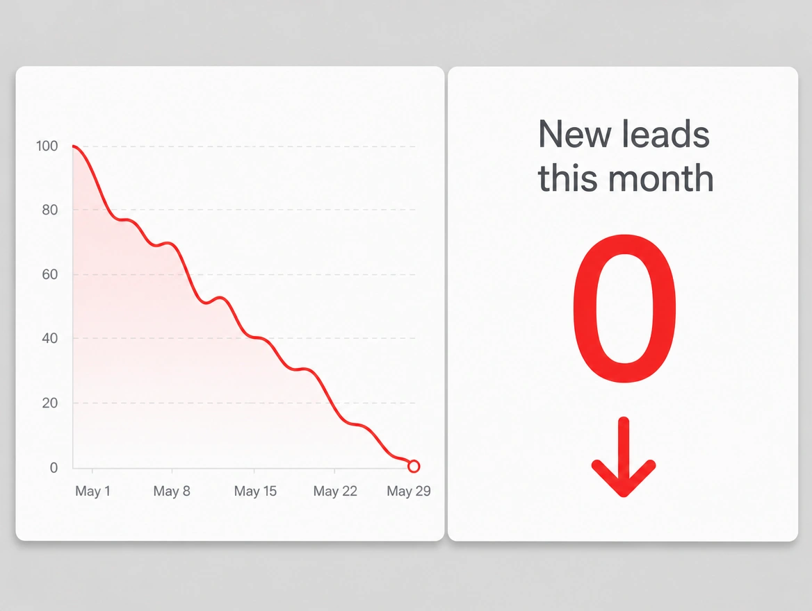 A leads chart falling to zero with new leads this month zero in red