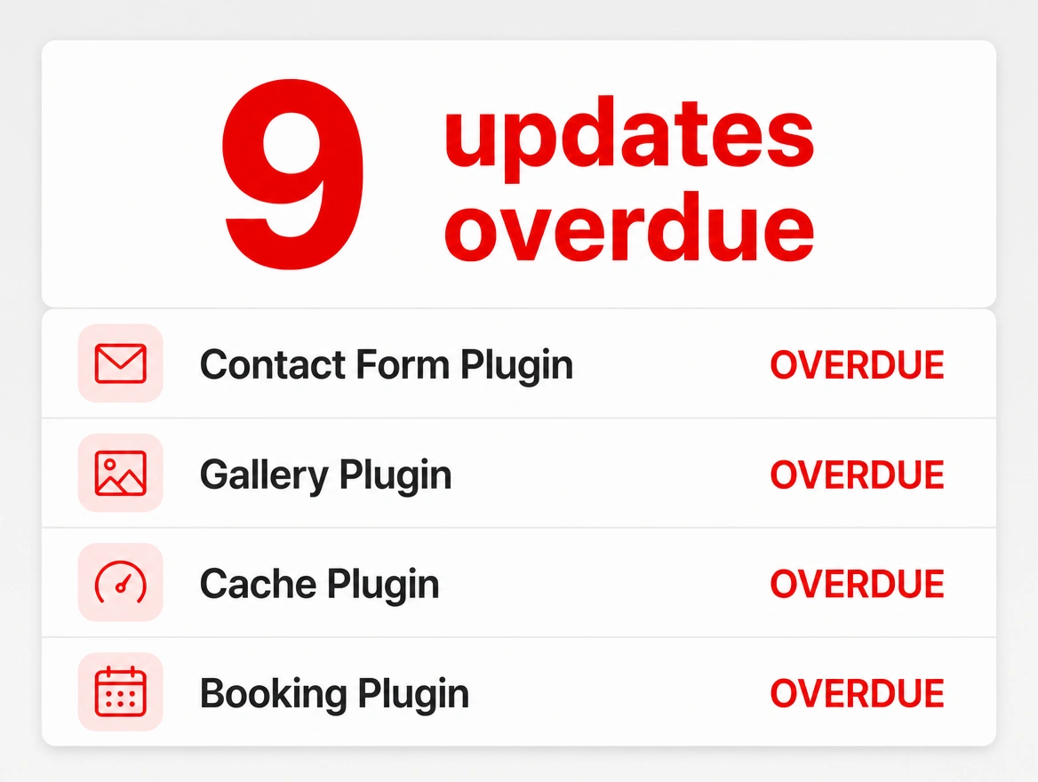 An update summary reading nine updates overdue with four plugins marked overdue in red