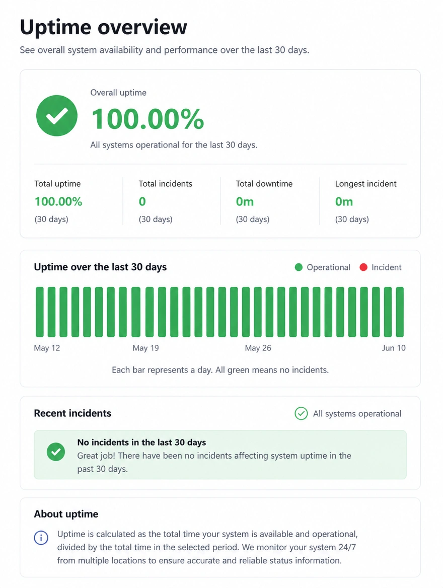 An uptime overview showing 100 percent uptime across the last thirty days