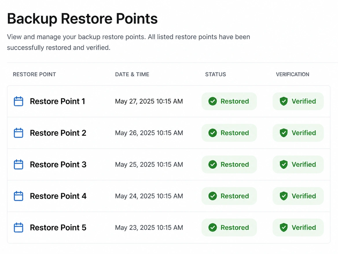 A list of backup restore points, each marked restored and verified