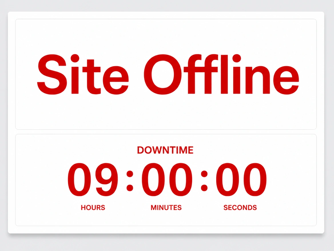 A website status page reading Site Offline with a red downtime counter of nine hours