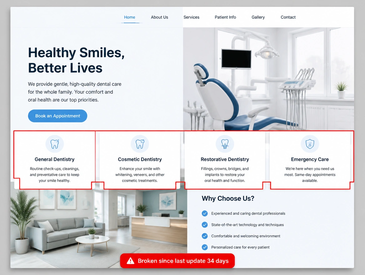 A dental clinic page with a broken overlapping layout marked broken since the last update