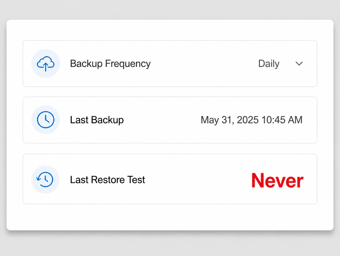 A backup settings panel where Last Restore Test reads Never in red