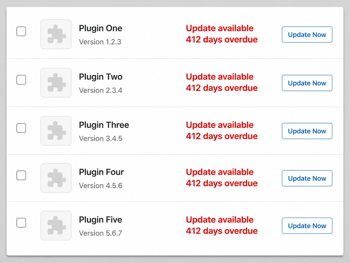 A plugin list where every row is marked update available and 412 days overdue in red