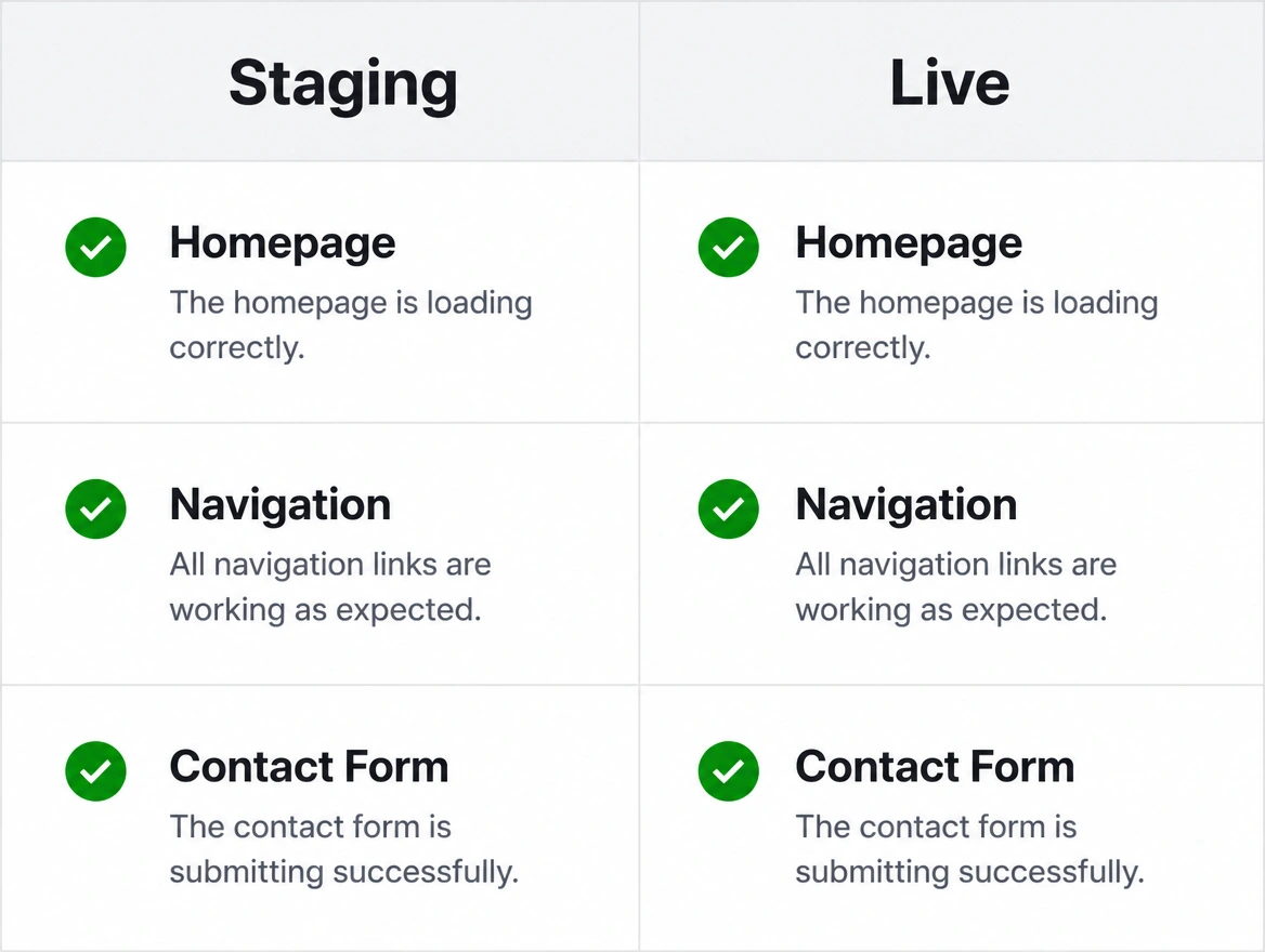 A staging and live comparison with the home page, navigation and contact form all checked