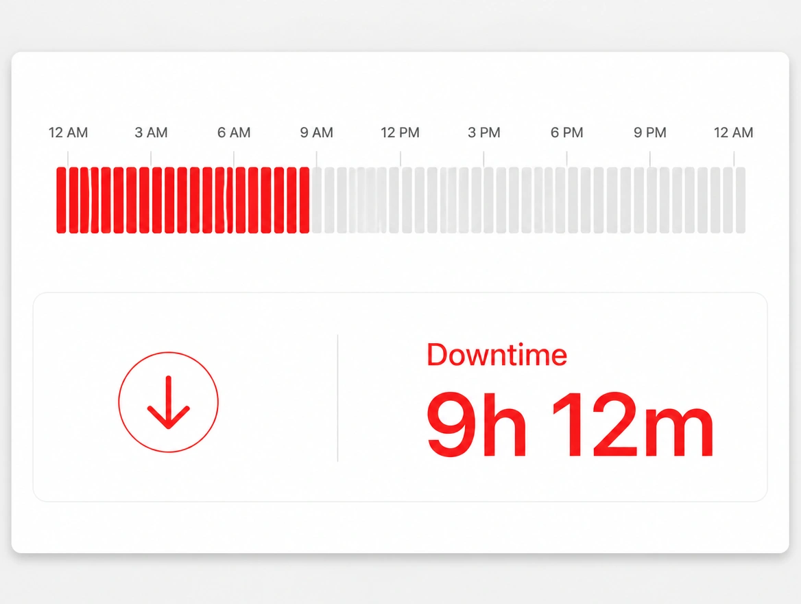 An uptime timeline with a red block from midnight to nine and nine hours of downtime in red