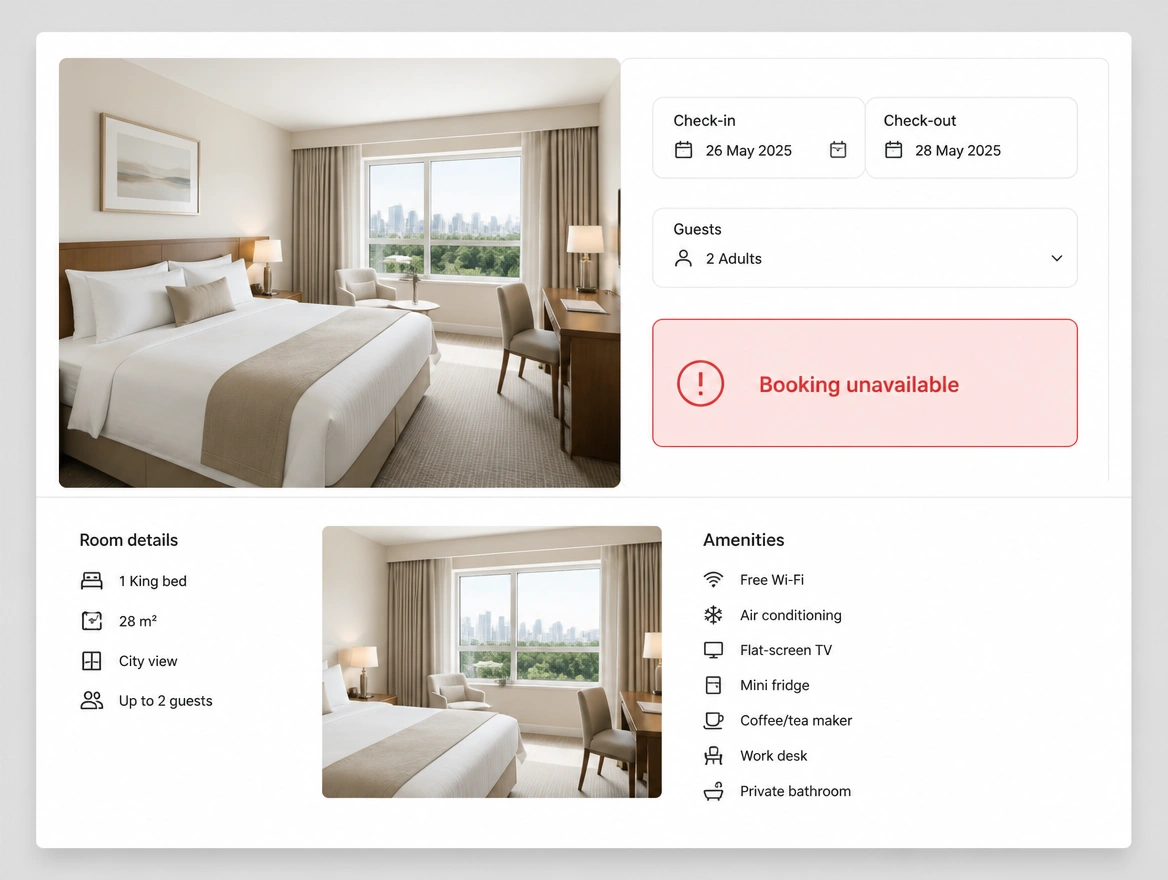 A hotel booking page where the calendar has failed to load, showing a red booking unavailable box