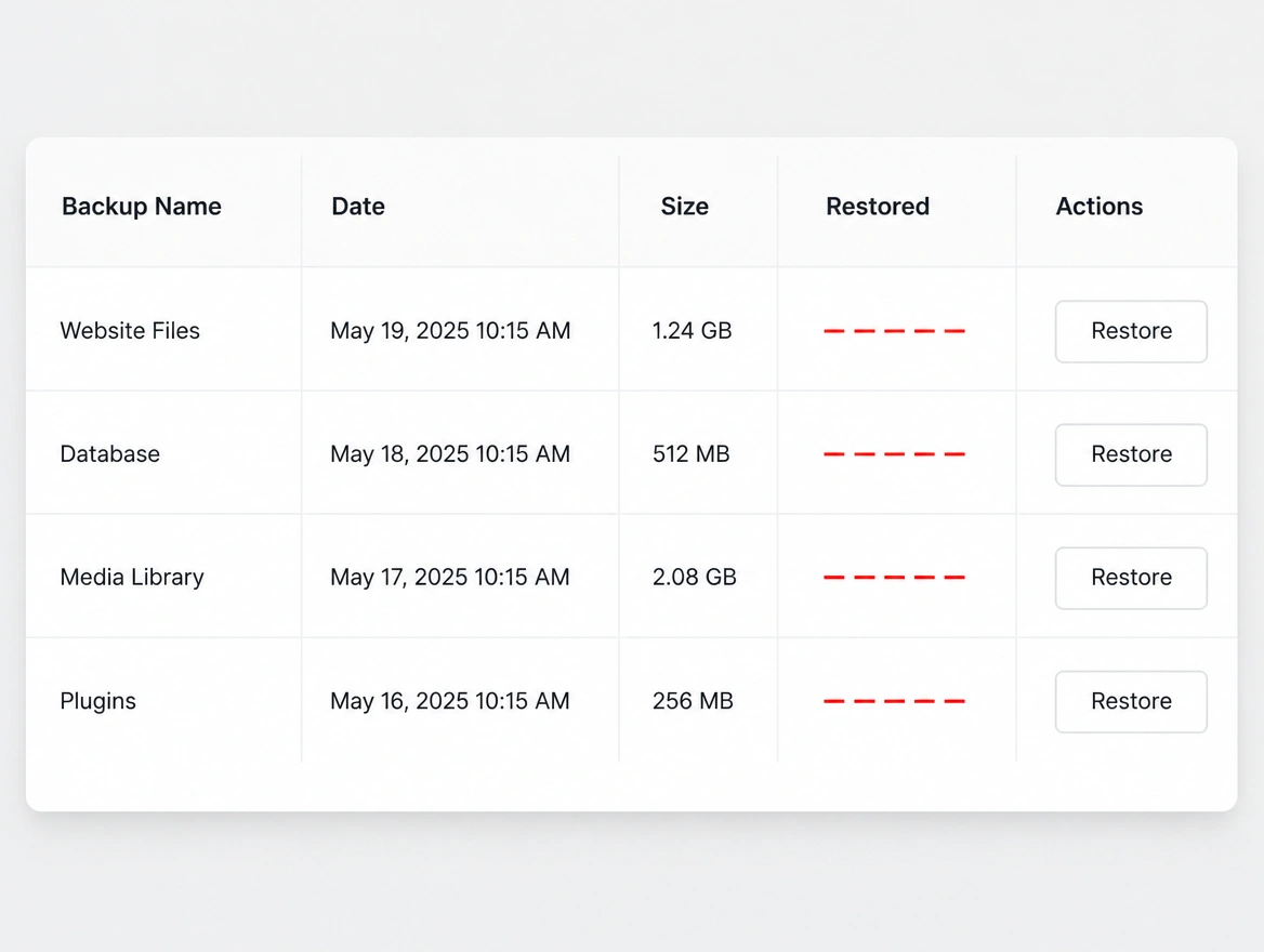 A backup list where the restored column is a row of red dashes