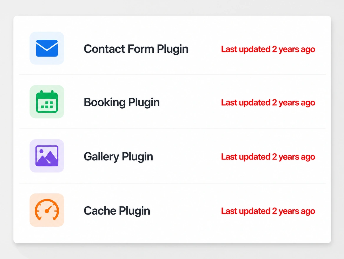 A plugins screen where every row reads last updated two years ago in red