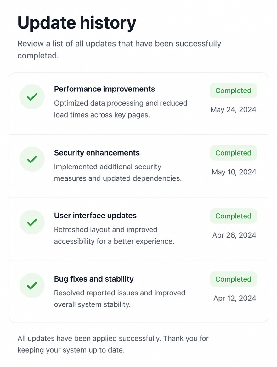 Update history list with every component marked completed