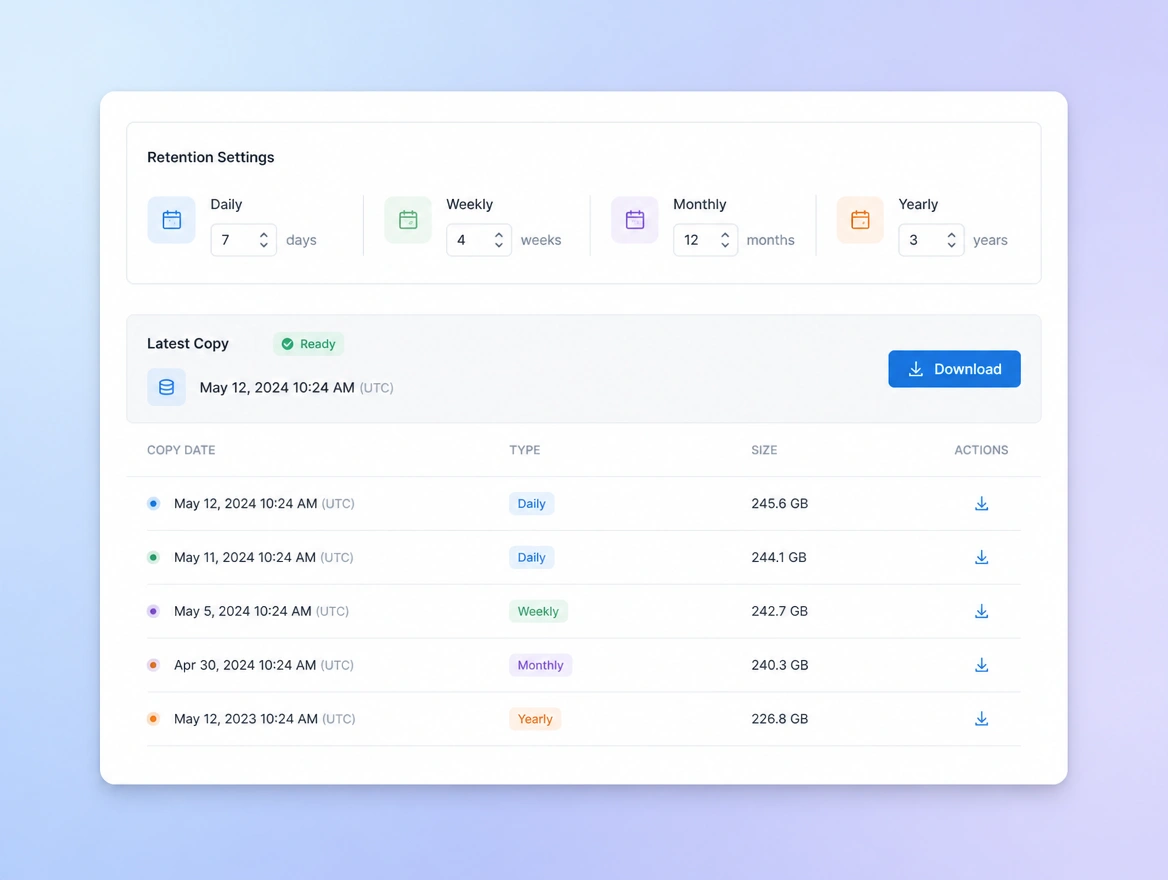 Website mockup showing backups and restores