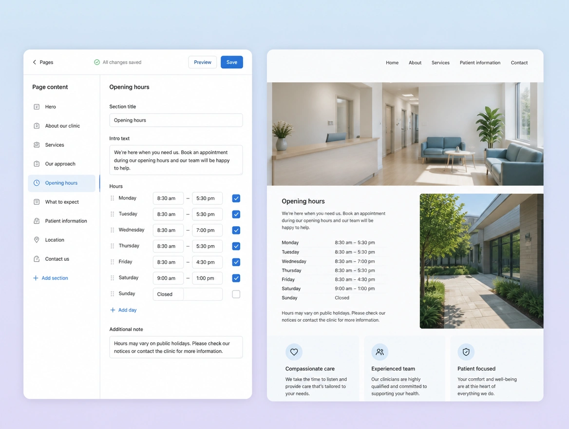 Website mockup showing content edits