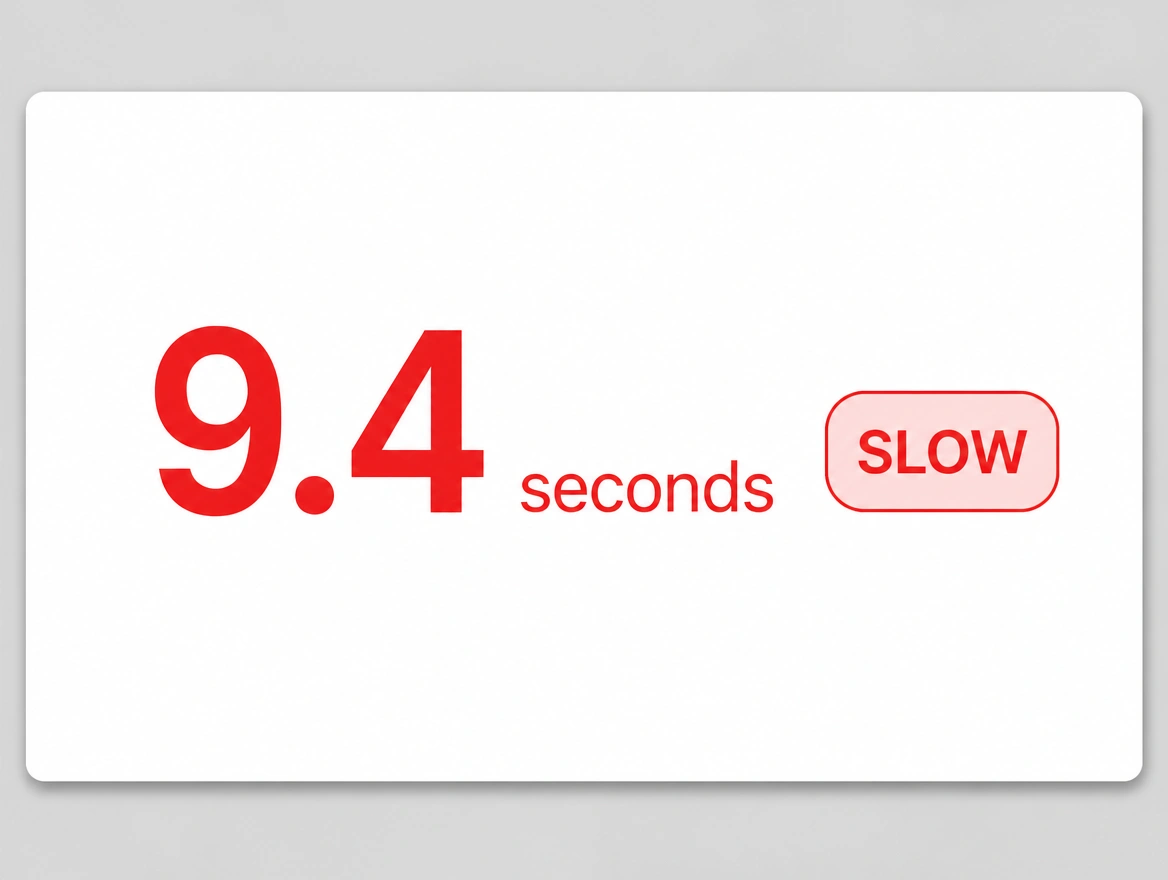 Page speed result showing a load time of 9.4 seconds in red