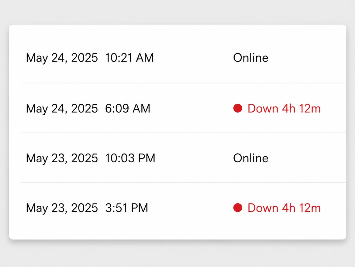 Uptime log with two rows marked down for four hours in red