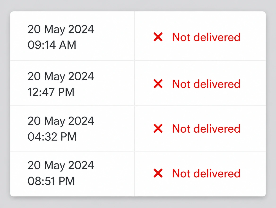 Form notification log with every message marked not delivered in red
