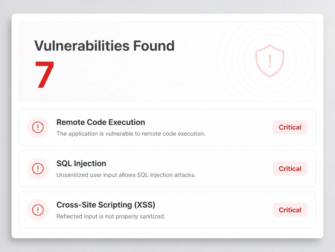 Security panel showing seven vulnerabilities found, marked critical in red