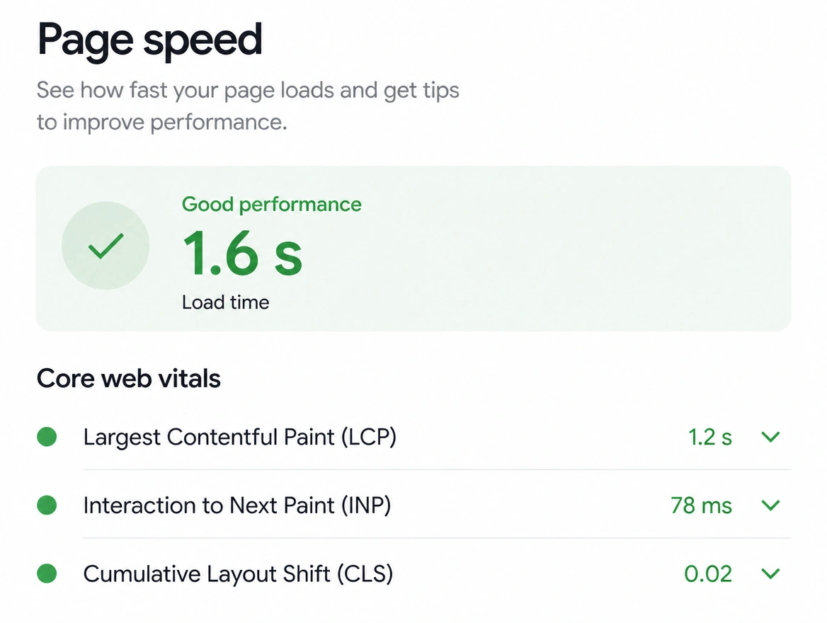 A page speed result showing a load time under two seconds on mobile