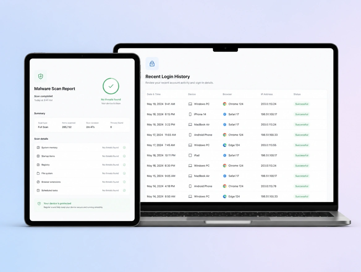 Website mockup showing scanning and stronger logins