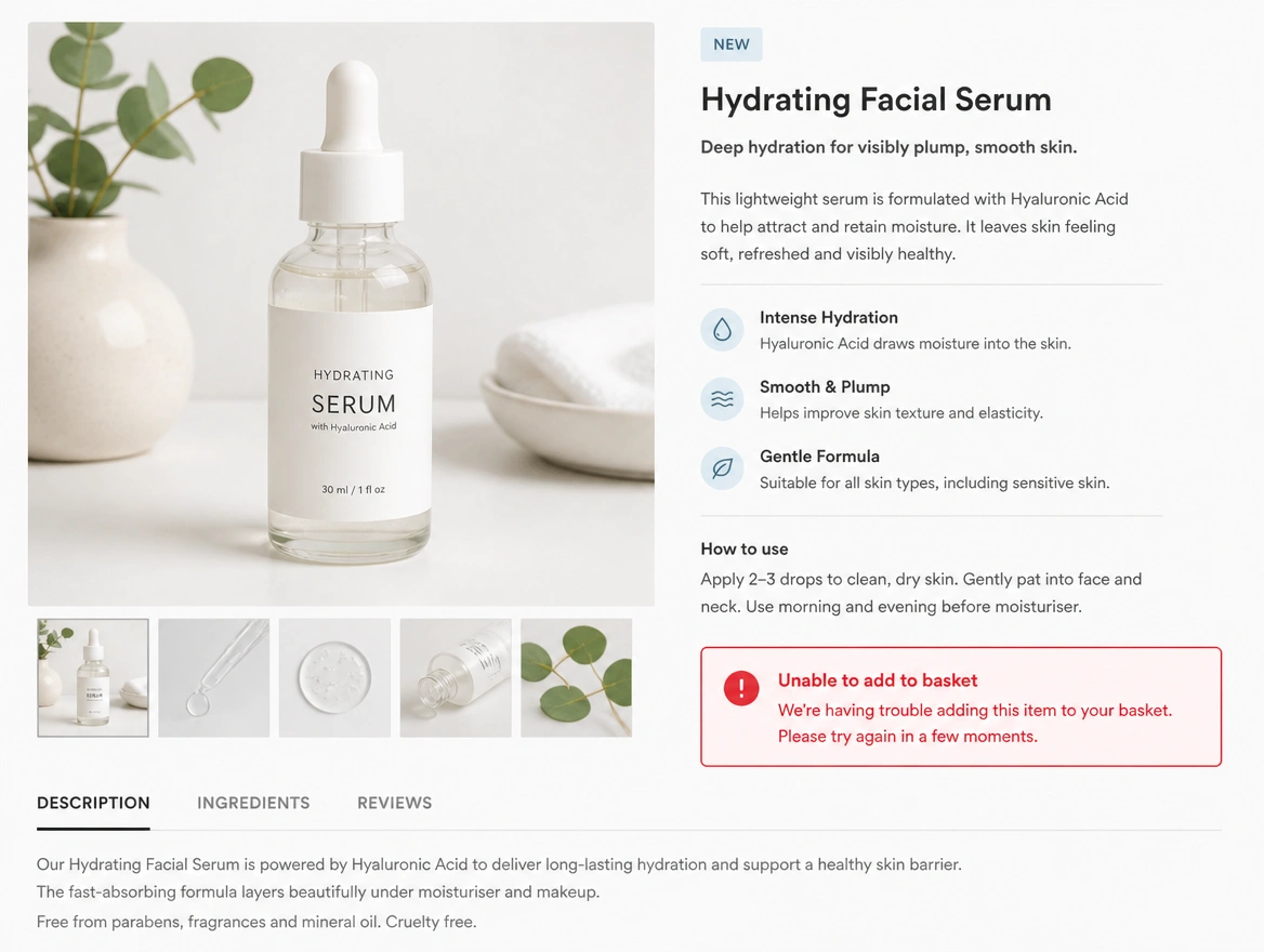 A product page showing a red error message after an update