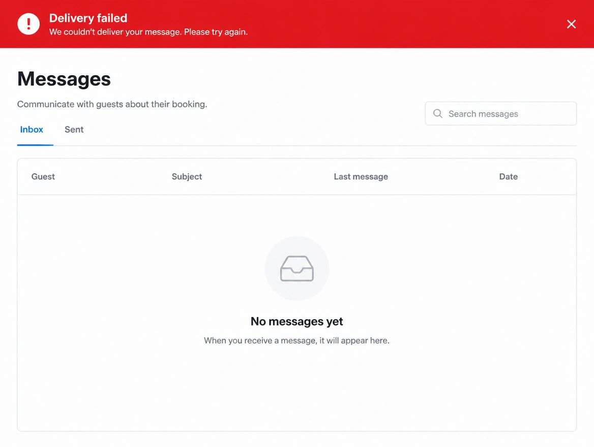 A booking inbox with no new messages and a red warning banner