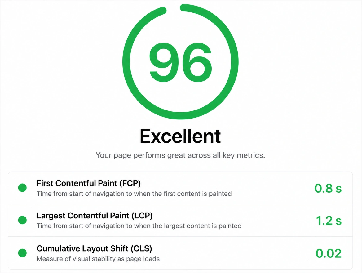 Page speed report card with a score of 96 and its timing breakdown