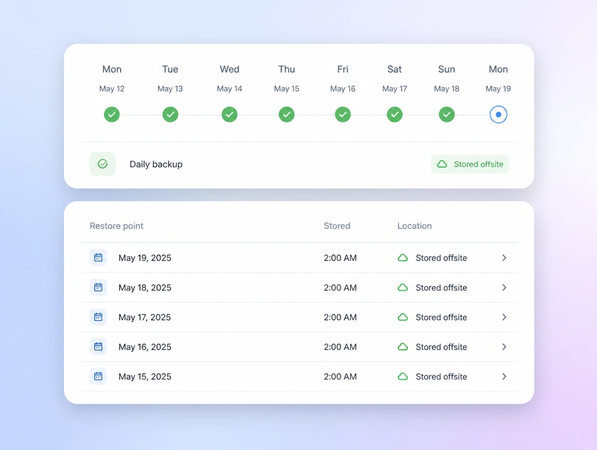 Website mockup showing backups and restores