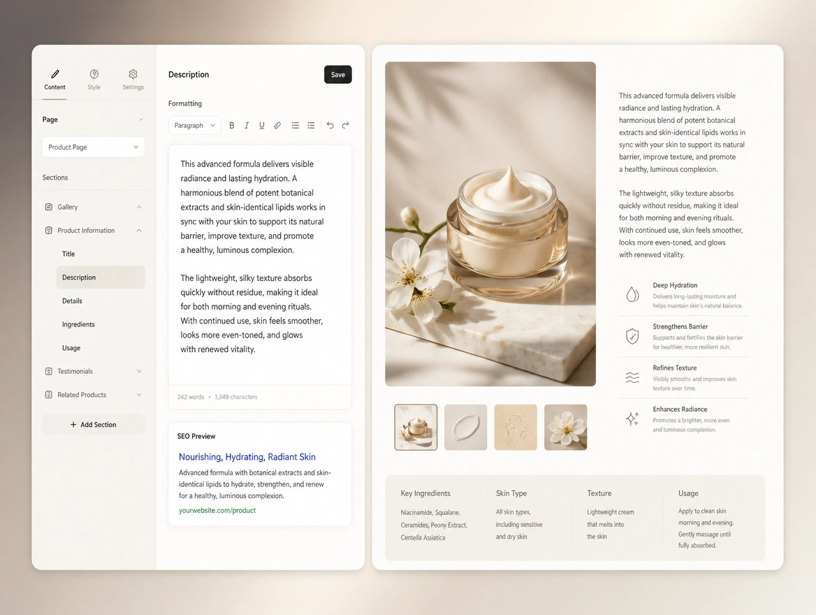 Website mockup showing content edits