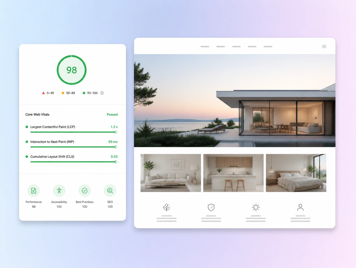 Website mockup showing speed and health checks
