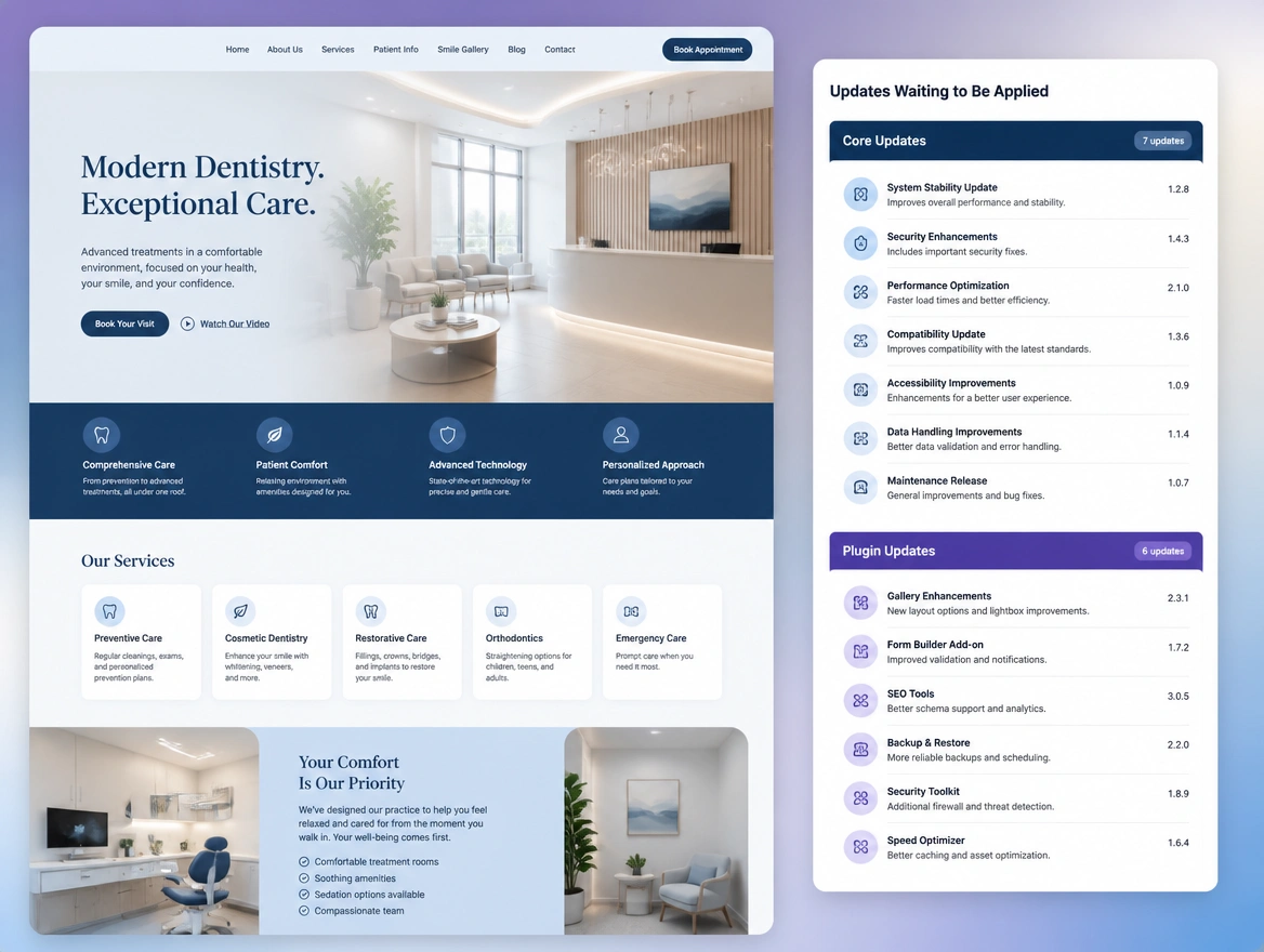 Website mockup showing updates, tested first