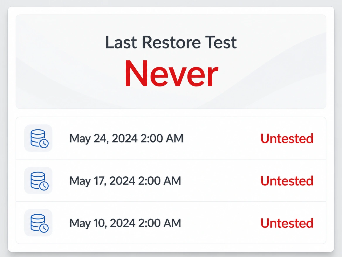 Backup panel showing the last restore test as never, in red
