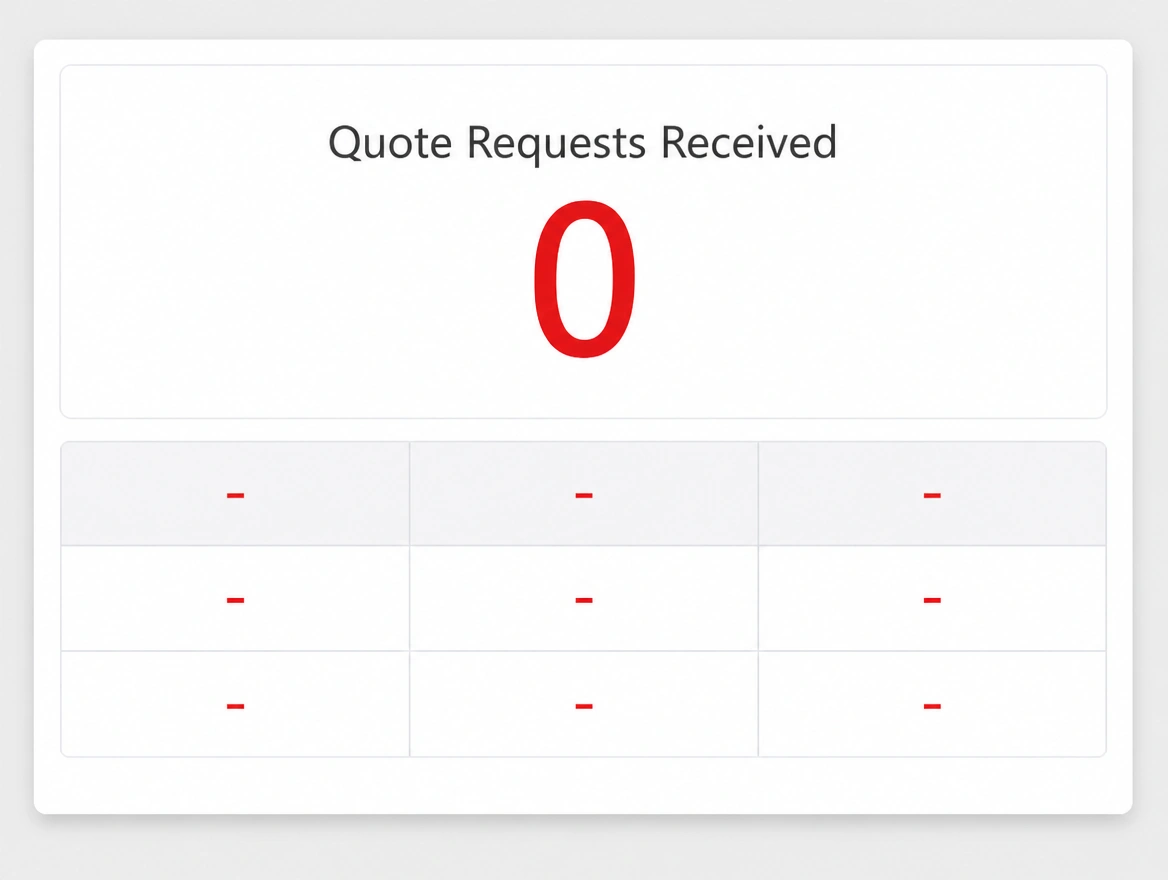 Form submissions panel showing zero quote requests received, in red