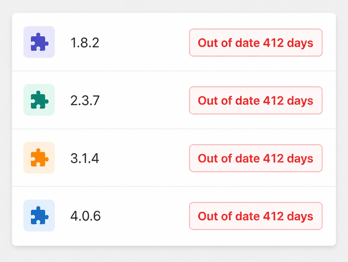 Plugin list with every version marked out of date in red