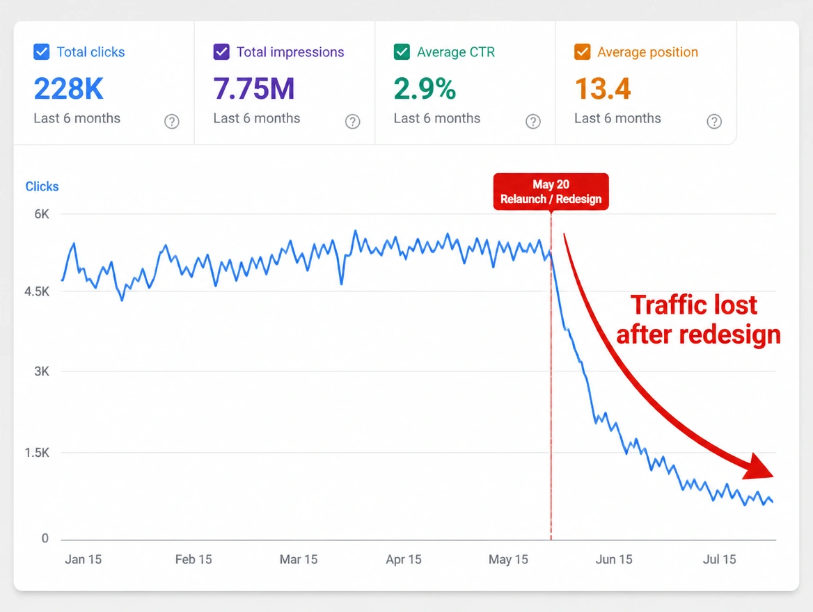 A traffic chart falling sharply after a website relaunch