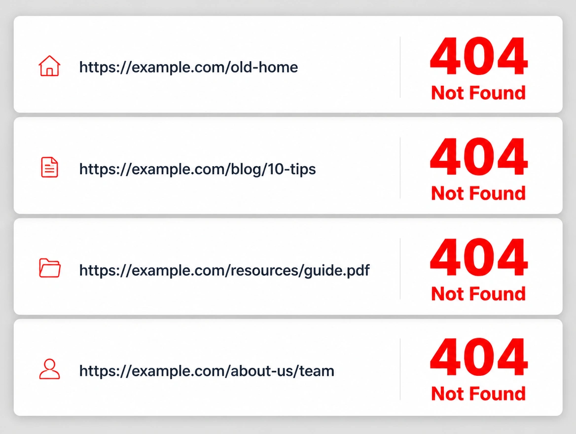 A list of old page addresses all returning not found