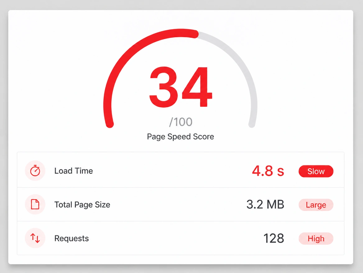 A page speed result showing a failing score in red