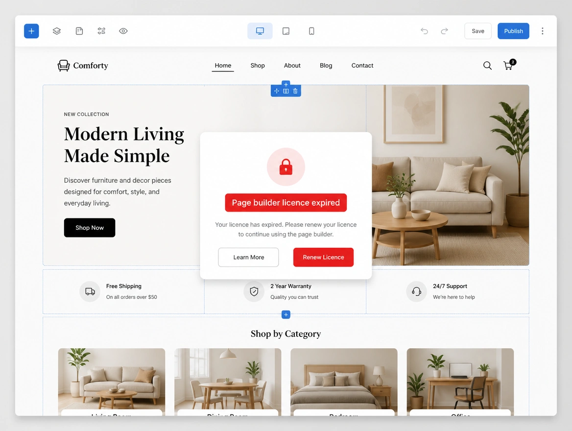 A page editor locked behind an expired builder licence