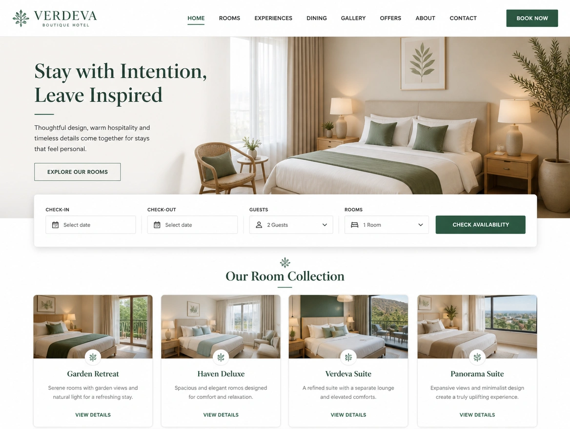 A redesigned boutique hotel homepage with a room booking search and room cards