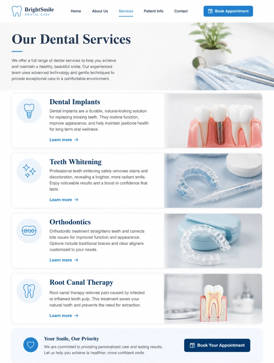 A dental clinic services page with a separate page listed for each treatment