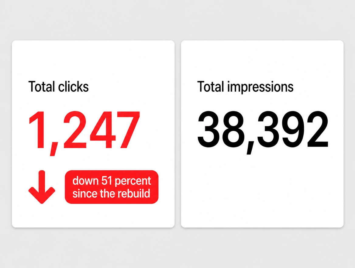 A search performance summary showing clicks down 51 percent since the rebuild