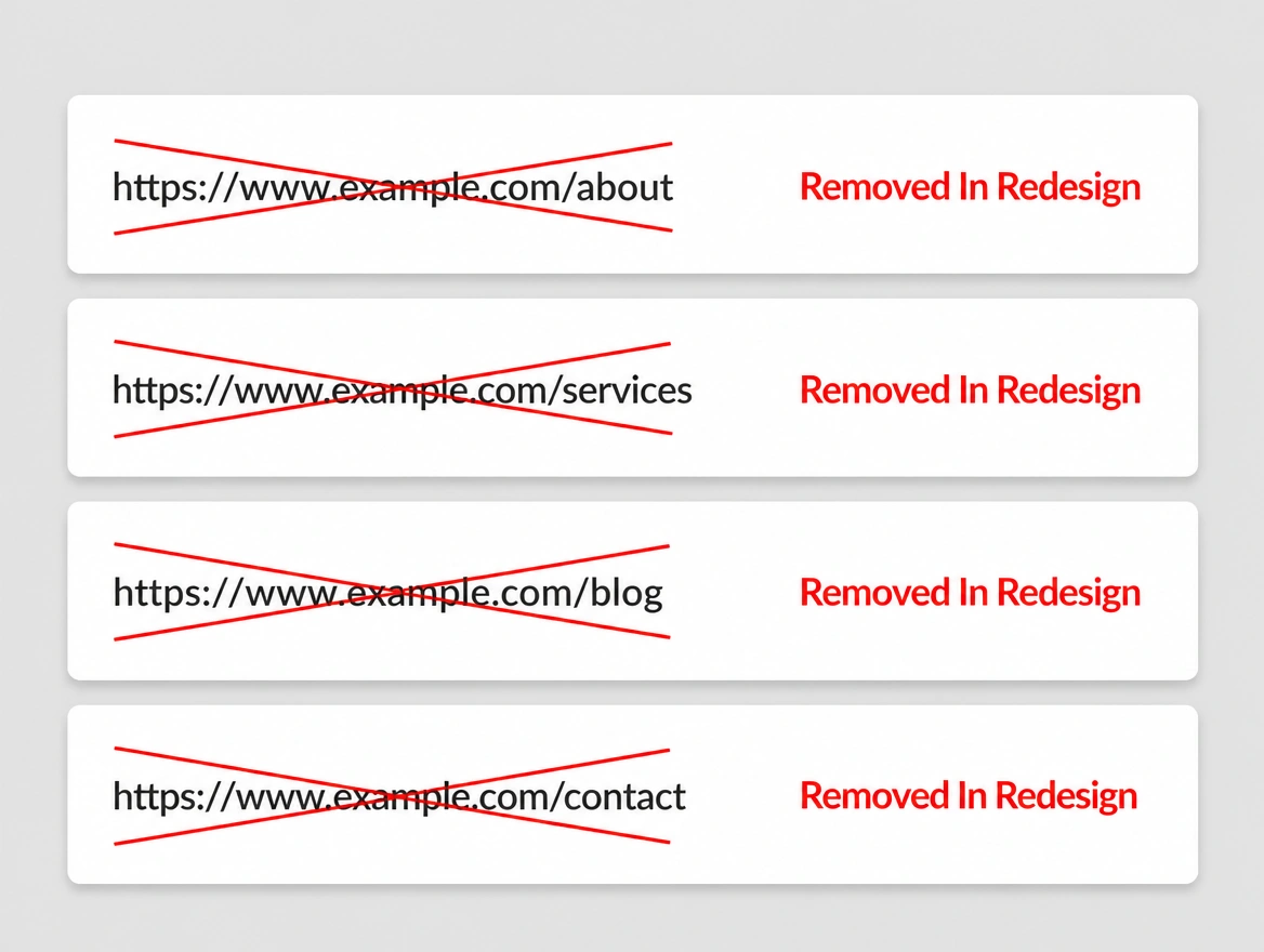 Four old page addresses crossed out in red and labelled removed in redesign
