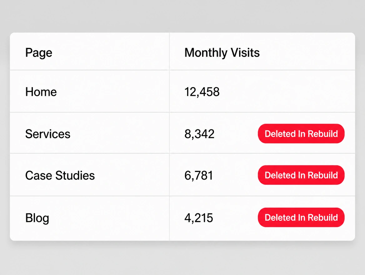 A page list where three pages with real monthly visits are marked deleted in rebuild