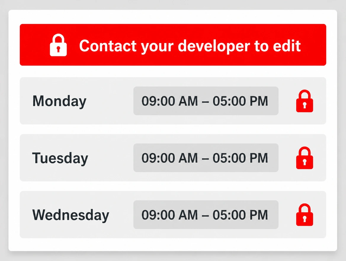 An opening hours panel locked with a red contact your developer to edit banner