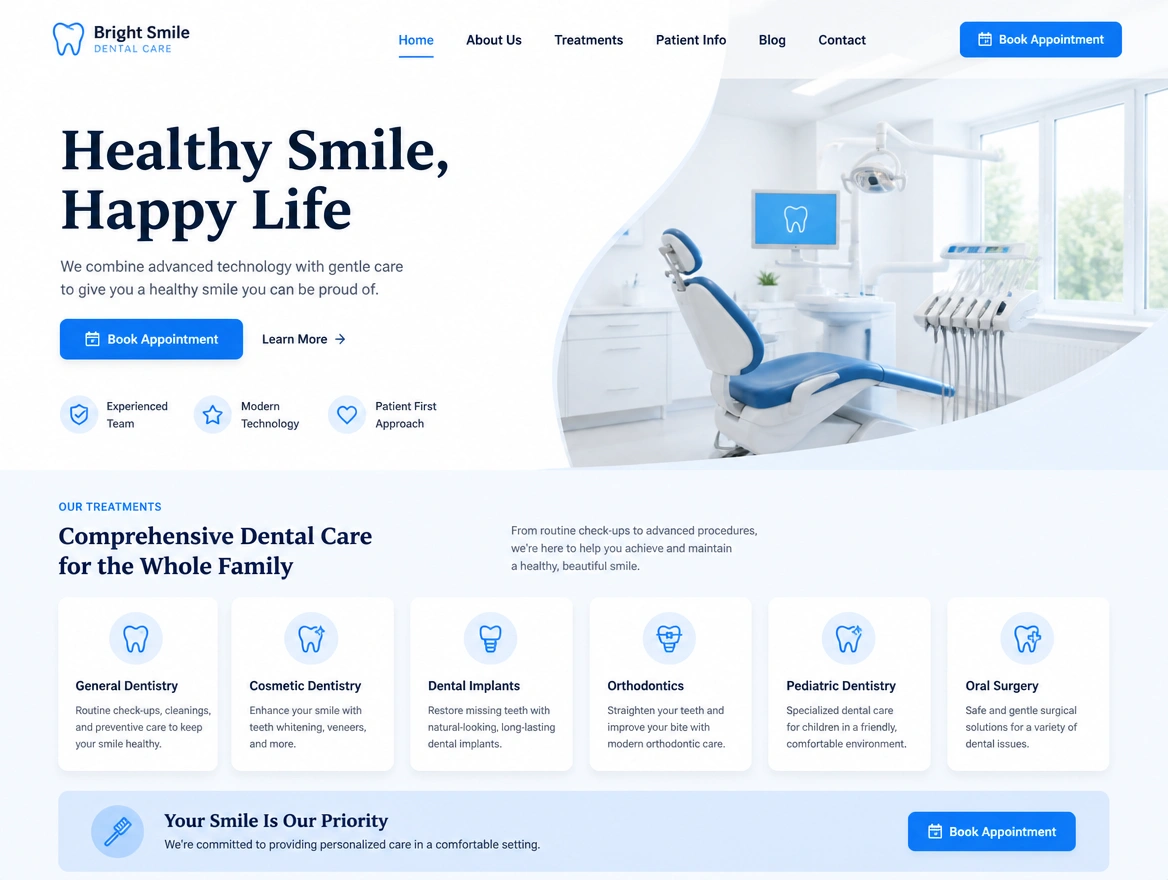 A redesigned dental clinic website homepage with a treatment list and a book appointment button