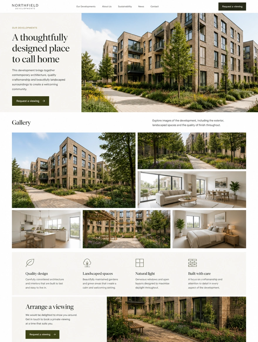 A redesigned property developer website with a project gallery and a request a viewing button