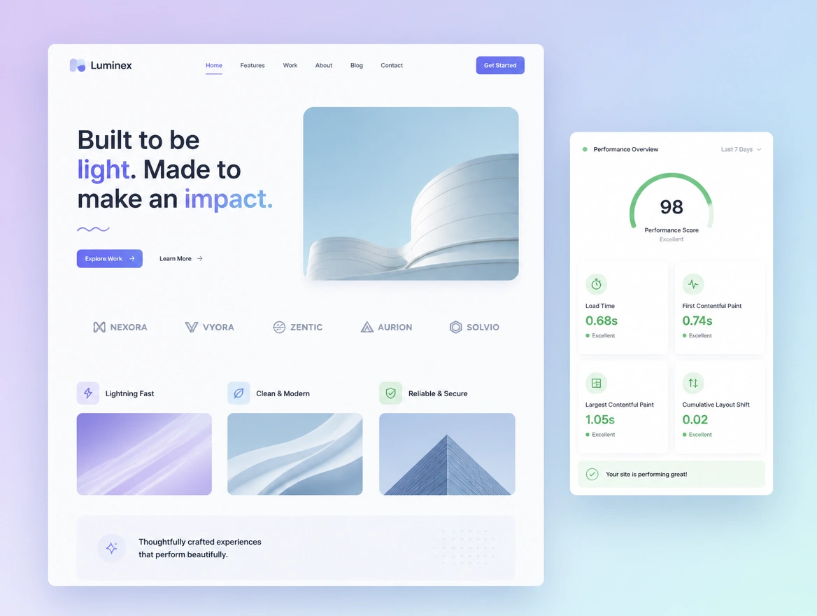 Website mockup showing rebuilt for speed